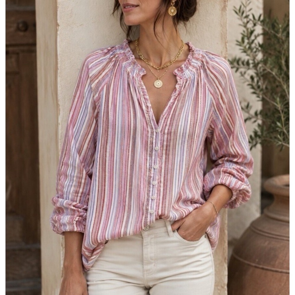 Garance Paris Striped Pink White Button-Down Blouse Top Coastal Beach Fun Size S
